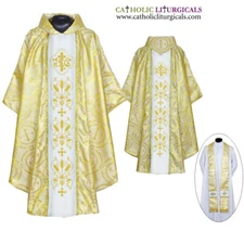 NEW GOLDEN Metallic Gothic Vestment and Stole set with IHS Embroidery, Casula