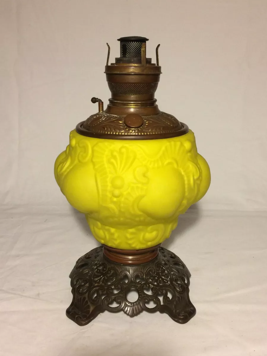 Beautiful Fostoria Brass Oil Lamp w Yellow Satin Glass No Top Glass