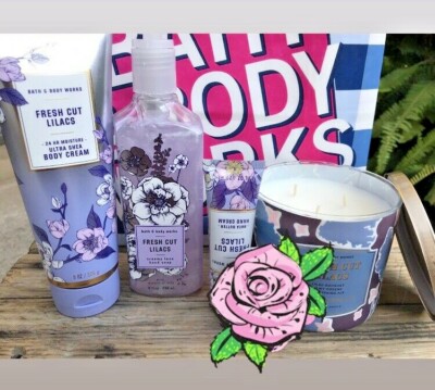 4 pcs SET BATH & BODY WORKS FRESH CUT LILACS Hand cream candle Soap, Body Cream