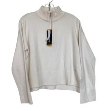 DKNY Womens Quarter Zip Sweater Cream Ribbed Knit Mock Neck Pullover Medium