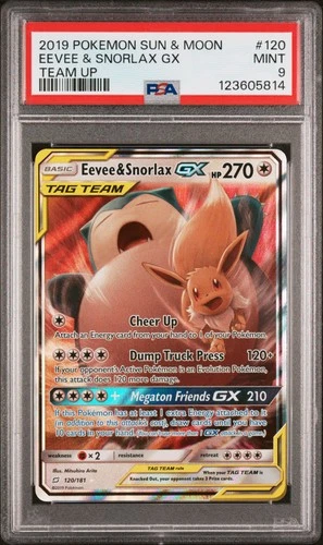 2019 POKEMON SUN & MOON TEAM UP #120 EEVEE & SNORLAX GX PSA 9