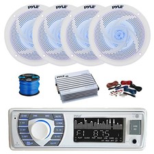 Pyle BT Marine MP3 Receiver, Amp w/Kit, 4X 5.25" 180W LED White Speakers,Wire