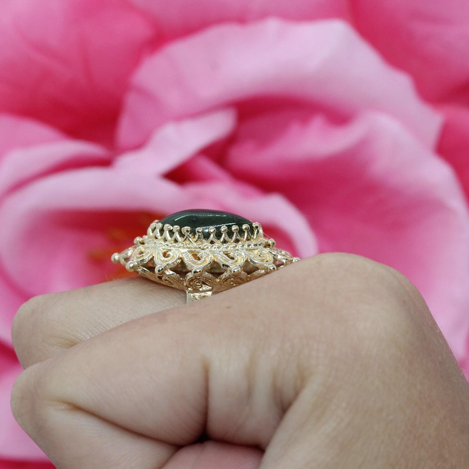 Nephrite Jade Solitaire Statement Ring Yellow Gol… - image 3