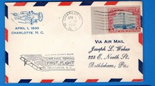 STAMPS USA- First Flight to Charlotte cover, 5c air stamp , 1930-#
