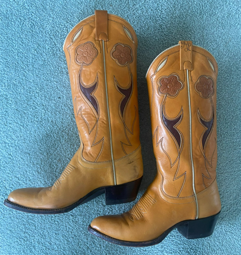 Ralph Lauren Western Women's 5 1/2 C Tan Leather Cowboy Boots with Inlay w/ box - Picture 8 of 9