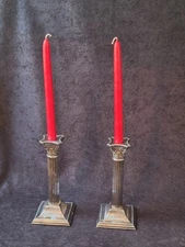 Antique Corinthian Column Silver Plate Candlesticks Fluted Base 8"