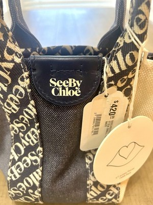NWT See by Chloe LAETIZIA Textured Denim Blue Leather Trim Canvas