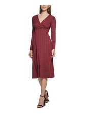 KENSIE Womens Maroon Knit Lined Pullover Long Sleeve Midi Wear To Work Dress S