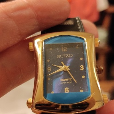 Suizo Wristwatch Gold Metal Tonneau Quartz Black Leather Band Blue Dial