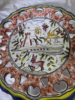 Vintage Hand Painted Portuguese Majolica Pottery Plate Castle Bird Rabbit 