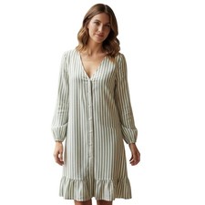 PrettyLittleThing Sage Green Stripe Ruffle Button Smock Dress US 4 Cottage