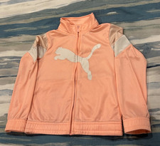 Puma Girls Pink Zip Up Track Jacket Size 5 White Logo Pockets Athletic Outerwear