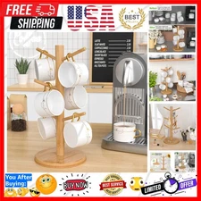 Bamboo Mug Tree with Thicker Base - Countertop Coffee Cup Stand with 6 Hooks
