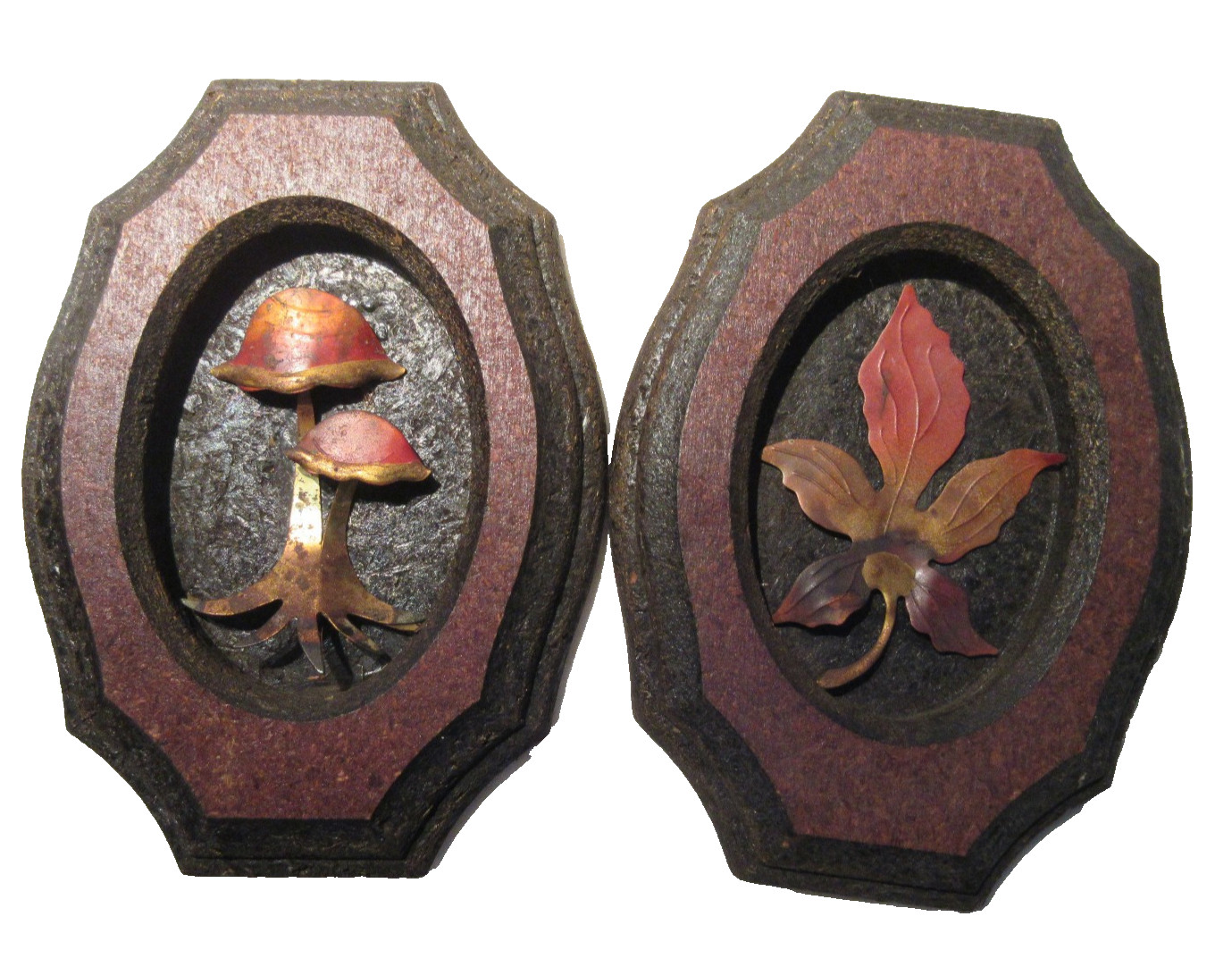Vintage 70s Wall Art Lot 2 MCM 3D Copper Pressed Wood Mushroom & Leaf Decor