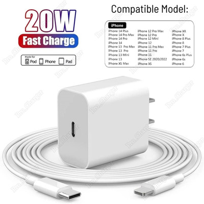 For iPhone 14 13 12 11 X XR Fast Charger Cable 20W PD Power Adapter Type-C Block