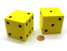 Pack of 2 Jumbo Large 50mm 2 Inches Foam Dice - Yellow with Black Pips