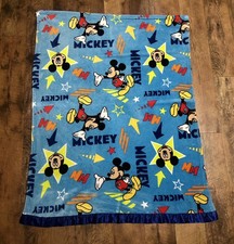 Disney Mickey Mouse Blue Baby Blanket Satin Trim Stars Toddler Throw