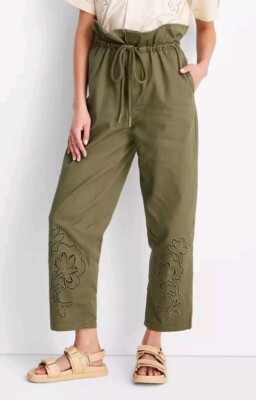 FUTURE ARCHIVE × XoGul Eyeleted Slacks NWT Future Collective Olive Green High Waisted Eyelet Paper Bag