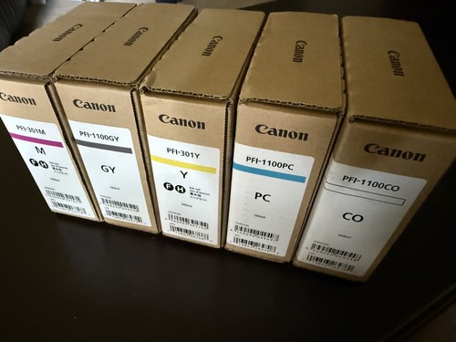 Canon PFI-301 & PFI-1100 set of 5 Ink tanks Y,M,CO,PC,GY ImagePROGRAF 8100 9100 - Afbeelding 7 van 8