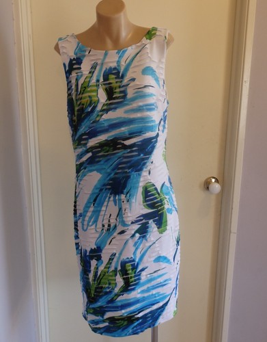 Frank Lyman Sleeveless White BlueGreen Print Cut Out Dress Size 8 VGC