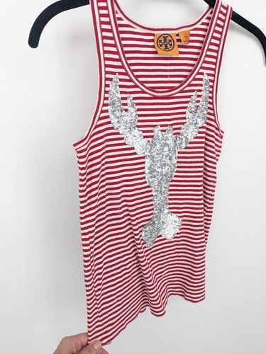Tory Burch Tank Top Womens Small Red Striped Sequin Lobster Nautical Coastal - Picture 5 of 11
