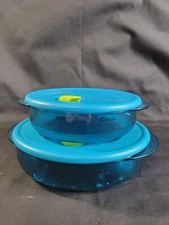 TUPPERWARE 2 Round Rock Vent N Serve Peacock Teal MICROWAVE Bowl