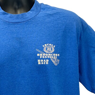 Vintage Arcola Broom Corn Festival T Shirt Broomcorn Road Race Blue XL X-Large