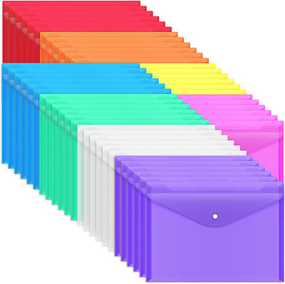 48 Pack Clear Plastic Envelopes - Snap Closure, A4 Letter Size, 8 Colors