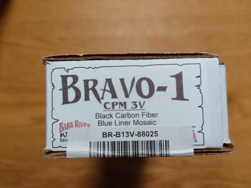 New BARK RIVER knife BRAVO 1 CPM 3V Black Carbon Fiber Blue Liner Mosai with box - Picture 7 of 7