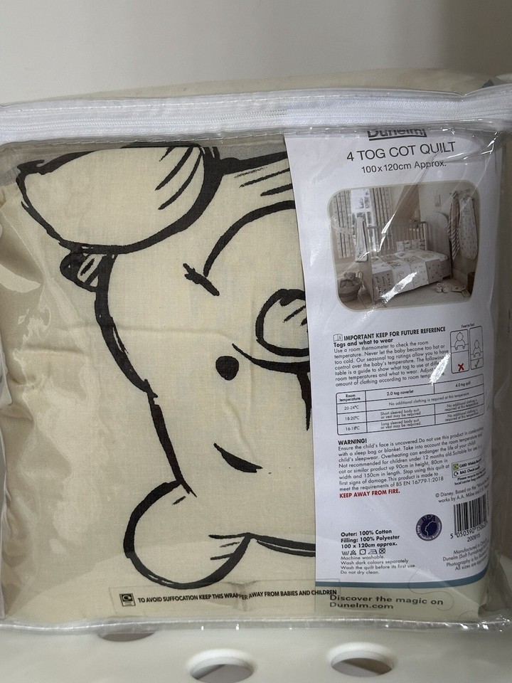 Disney Baby Winnie the Pooh Cot Quilt Bedding Coverless Dunelm 4 Tog