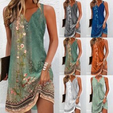 Women Boho Floral Tank Dress Ladies Summer Holiday Beach Sun Dresses Size 6-16