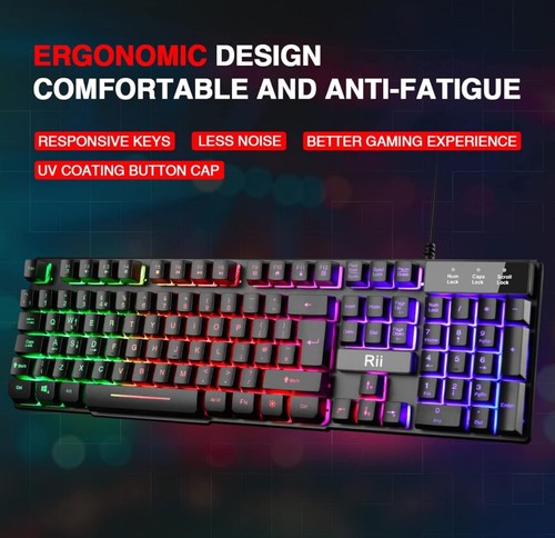 Rii Bactlit Gaming Keyboard, RK100 Plus Rainbow LED Backlit Mechanical Feeling - Picture 2 of 6