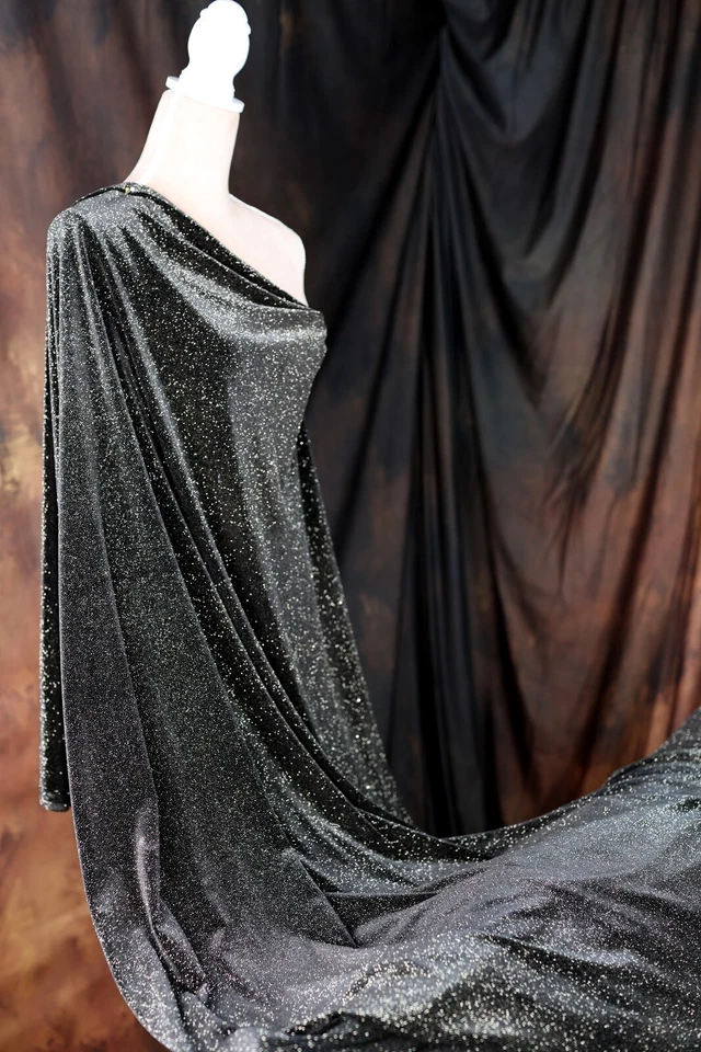 Tela de terciopelo negro-dorado brillante 4 vías elástico por yarda SSVG-Negro-Dorado Foto 3 de 4