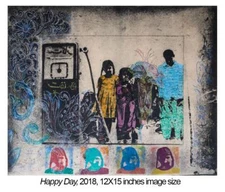 Nahid Hagigat Iranian / American Contemporary Etching title "Happy Days" signatu