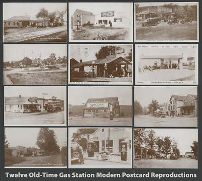Two Sets of Twelve Modern Postcard Reproductions VINTAGE GAS STATIONS New Unused