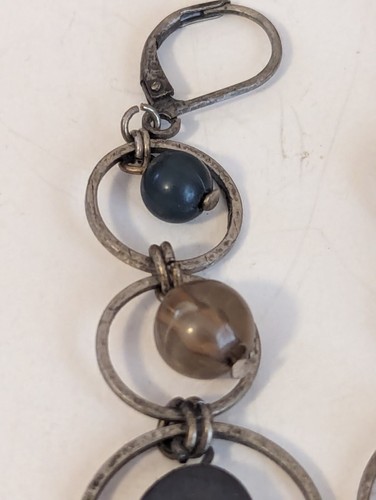 2" Distressed Silver Beaded Circles Hanging Earrings - Picture 3 of 5