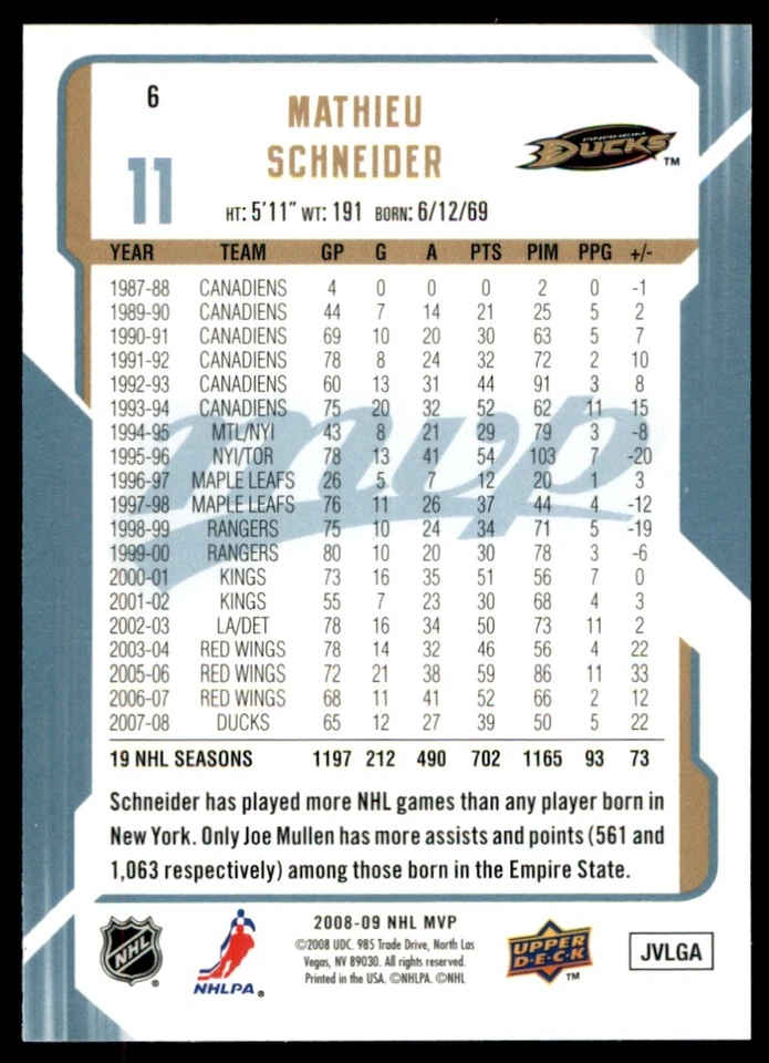 2008-09 Upper Deck MVP Mathieu Schneider #6 - Image 2 of 2
