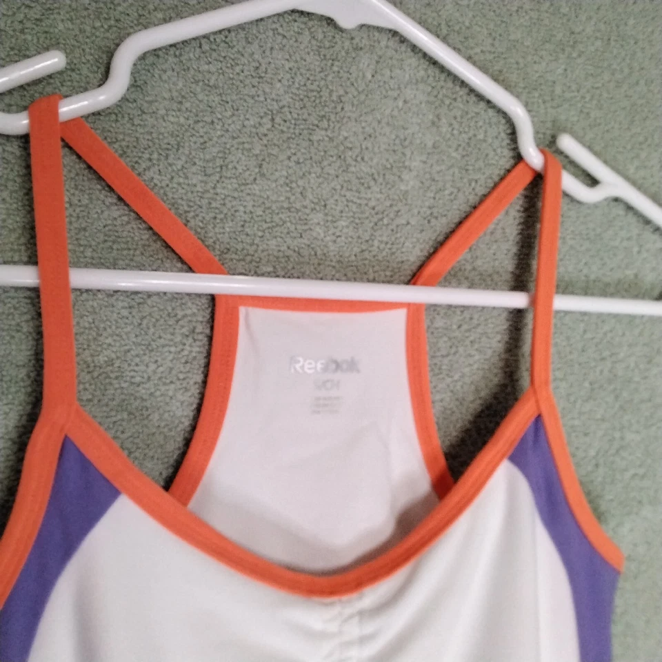 Camiseta sin mangas Reebok para mujer talla S espalda deportiva blanca púrpura jersey sin mangas con tiras Foto 4 de 4