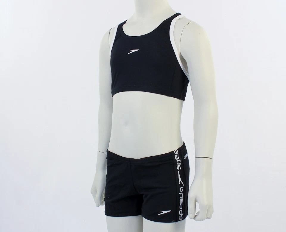 Speedo Girl s Swimming Costume Superiority Crop Top Boyleg Black White 24
