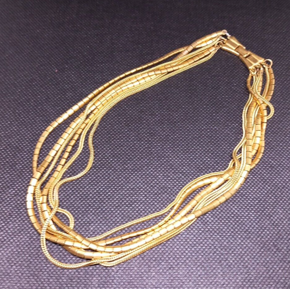 Multi 6 Strand Chain Necklace Gold Tone Textured Choker Collar 80s 90s 14