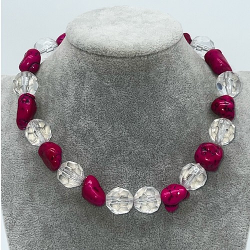 Vibrant Hot Pink Stone and Clear Beaded Necklace