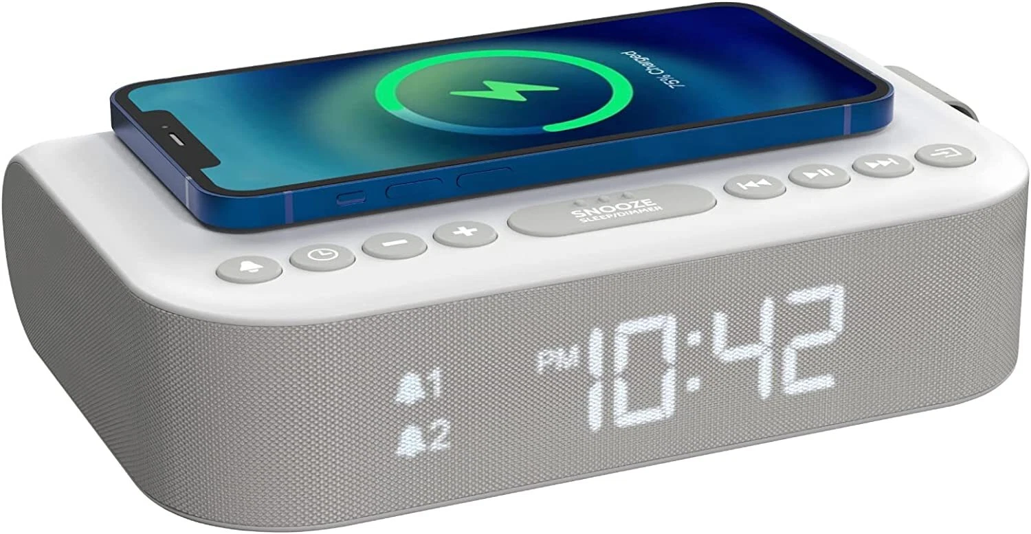 Bedside Dual Alarm Clock QI Wireless Charging FM Radio USB Charging Port