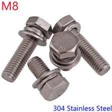 M8 - 1.25 304 Stainless Steel SEM Hex Head Bolts+ Flat / Spring Washers Screws