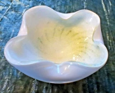 Vintage Ashtray Trinket Dish White Gold Glitter Art Glass  5" X 5.5" 