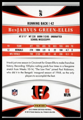 2013 Panini Certified #8 BenJarvus Green-Ellis - Picture 2 of 2