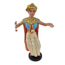 Traditional Thai Dancing Figurine With Gold Headpiece & Ornate Costume Authentic