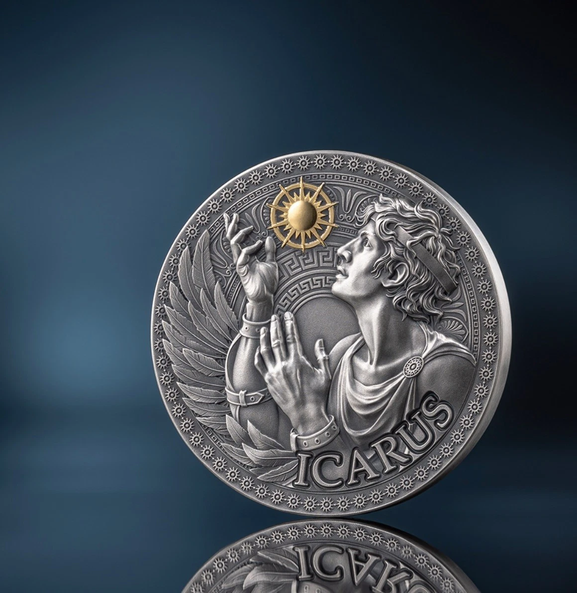 Moneda de Plata .999 envejecida La gran mitología griega Ícaro