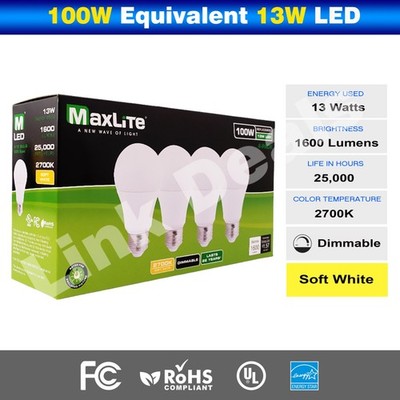 Maxlite 100W Equivalent 13W LED Light Bulb Soft White 2700K A19 Dimmable