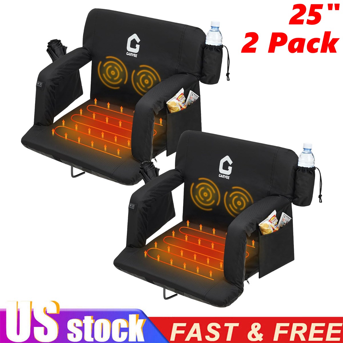 2x  25Inch Wide Heated Stadium Seat for Bleachers w/Back Sup