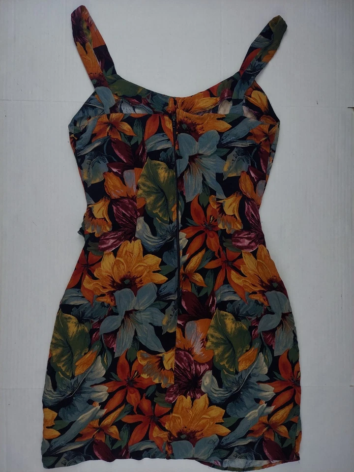 Vestido All That Jazz Años 90 Vintage Floral Rayón Envolvente Mini Naranja Negro Hawaiano Med Foto 2 de 4